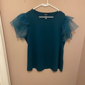 BloomChic Teal Top with Sheer Ruffle Sleeves